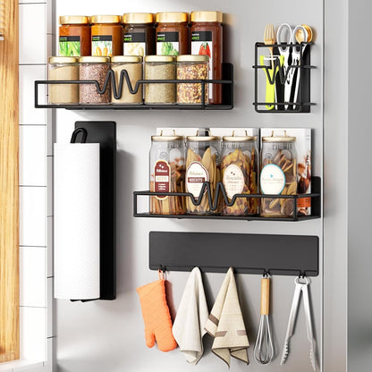 Magnetic Fridge Shelf, Metal Strong Magnet Rack, Space Saving Spice Organizer, Utensil Holder, Fruit Potato Onion Storage Bins, Black Refrigerator Organizers and Storage