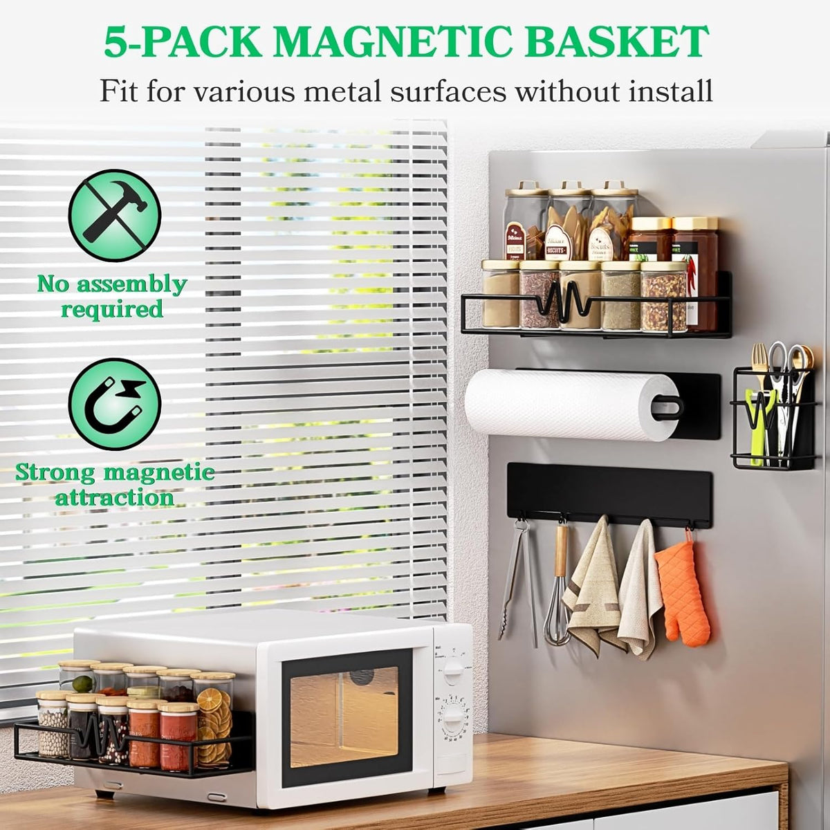 Magnetic Fridge Shelf, Metal Strong Magnet Rack, Space Saving Spice Organizer, Utensil Holder, Fruit Potato Onion Storage Bins, Black Refrigerator Organizers and Storage