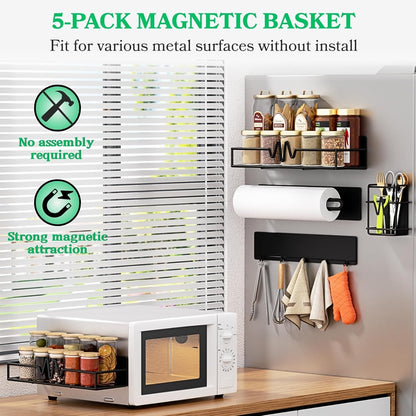 Magnetic Fridge Shelf, Metal Strong Magnet Rack, Space Saving Spice Organizer, Utensil Holder, Fruit Potato Onion Storage Bins, Black Refrigerator Organizers and Storage