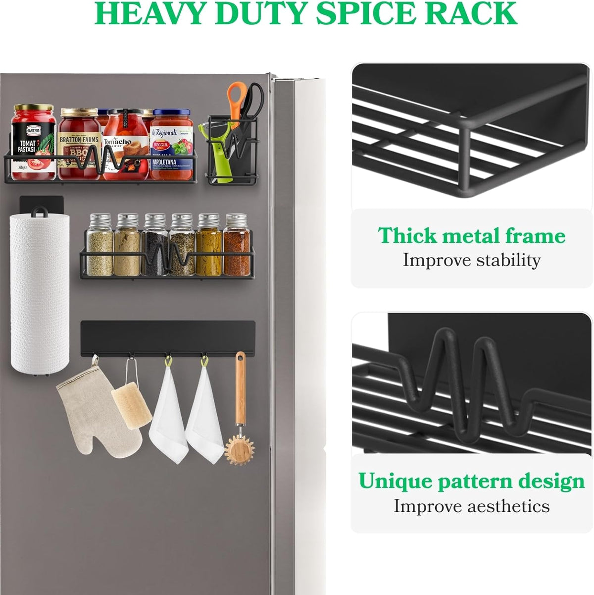 Magnetic Fridge Shelf, Metal Strong Magnet Rack, Space Saving Spice Organizer, Utensil Holder, Fruit Potato Onion Storage Bins, Black Refrigerator Organizers and Storage