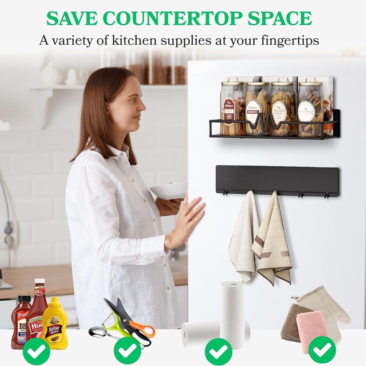 Magnetic Fridge Shelf, Metal Strong Magnet Rack, Space Saving Spice Organizer, Utensil Holder, Fruit Potato Onion Storage Bins, Black Refrigerator Organizers and Storage