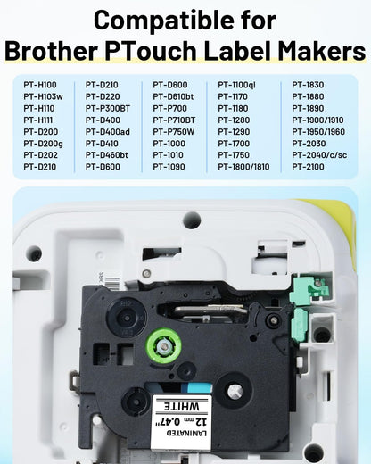 10x TZe231 12mm Label Maker Tape Compatible Brother Label Tape | 10 Pack,Black on White Tz Label Tape,Compatible with Brother P-Touch PT-D210 D220 H110 1000 1280 D400 Cube