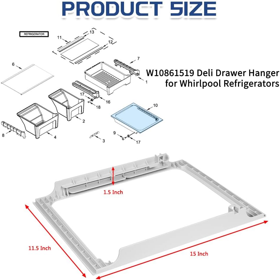 [Upgraded] W10861519 Deli Drawer Hanger, Refrigerator Meat Drawer Shelf Holder for Whirlpool WRT148/WRT311/WRT318, Replaces W10628698, 4382323, AP5999492