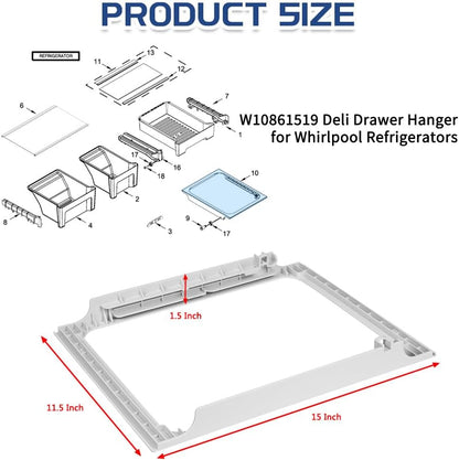 [Upgraded] W10861519 Deli Drawer Hanger, Refrigerator Meat Drawer Shelf Holder for Whirlpool WRT148/WRT311/WRT318, Replaces W10628698, 4382323, AP5999492