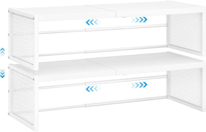 2 Pack Expandable Storage Cabinet, Stackable Pantry and Kitchen Organizers Shelf, Countertop Cabinet Storage Shelves Organizers, Spice Rack, Metal Storage Bins for Spice Can Plate Mug Cups, White