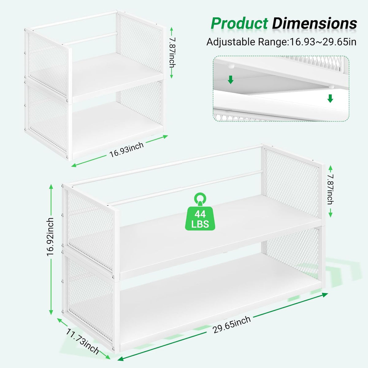 2 Pack Expandable Storage Cabinet, Stackable Pantry and Kitchen Organizers Shelf, Countertop Cabinet Storage Shelves Organizers, Spice Rack, Metal Storage Bins for Spice Can Plate Mug Cups, White