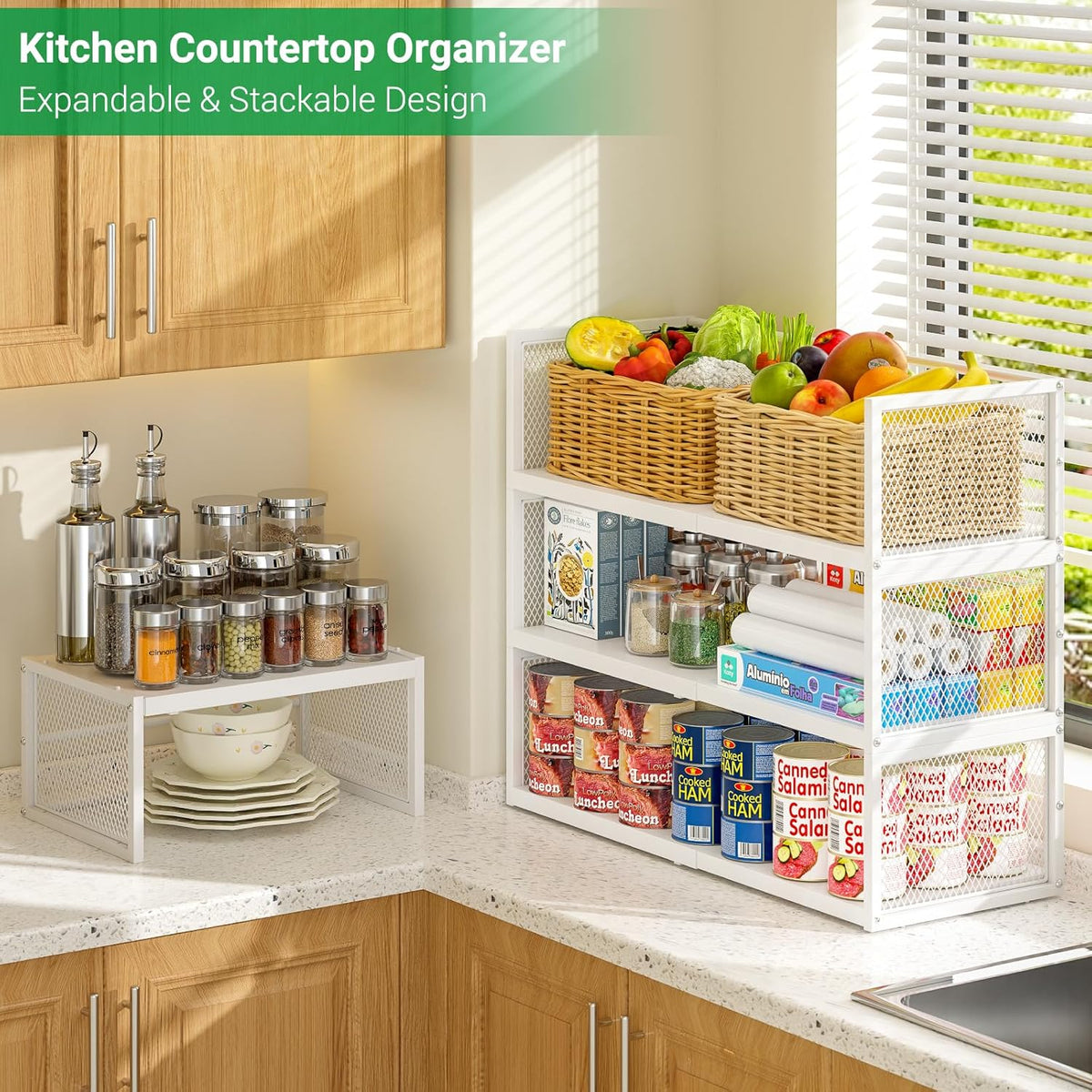 2 Pack Expandable Storage Cabinet, Stackable Pantry and Kitchen Organizers Shelf, Countertop Cabinet Storage Shelves Organizers, Spice Rack, Metal Storage Bins for Spice Can Plate Mug Cups, White