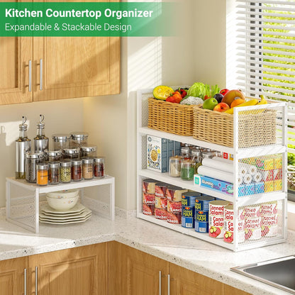 2 Pack Expandable Storage Cabinet, Stackable Pantry and Kitchen Organizers Shelf, Countertop Cabinet Storage Shelves Organizers, Spice Rack, Metal Storage Bins for Spice Can Plate Mug Cups, White