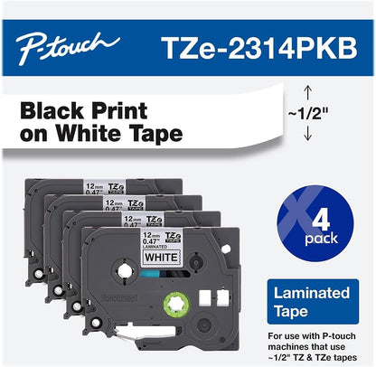 Genuine P-Touch TZe-231 4-Pack Tape (TZE2314PKB) ½” (0.47” or 12mm) x 26.2 ft. (8m) Laminated Black on White, (for use with PT-D210, PT-H110, PT-D220, PT-D410, PT-D600 Label Makers)