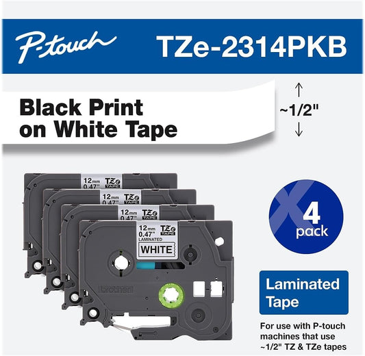 Genuine P-Touch TZe-231 4-Pack Tape (TZE2314PKB) ½” (0.47” or 12mm) x 26.2 ft. (8m) Laminated Black on White, (for use with PT-D210, PT-H110, PT-D220, PT-D410, PT-D600 Label Makers)