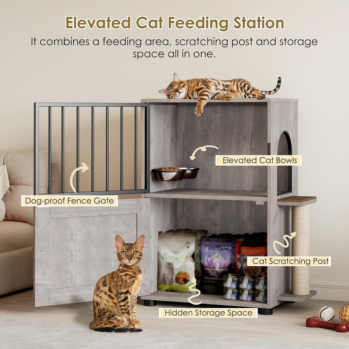 Dog Proof Cat Feeding Station, Dog Proof Cat Feeder, Cat Food Table, Gray