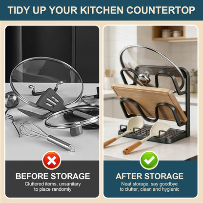 Kitchen Pot Lid Storage Rack: Carbon Steel Double-Layer Holder & Spoon Rest with Removable Drip Tray, Pot Cover Holder While Cooking, Pot Lid Organizer for Kitchen Counter Space Saving(Gray)