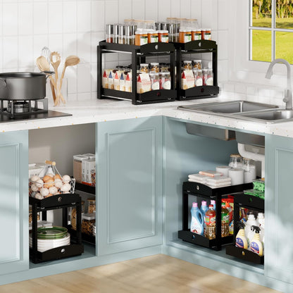 2 Pack Bamboo Under Sink Organizer, 2-Tier Sliding Drawers for Cabinets | Pull-out drawers keep cleaners and tall bottles visible, organized and easy to reach in kitchen or bathroom cabinets