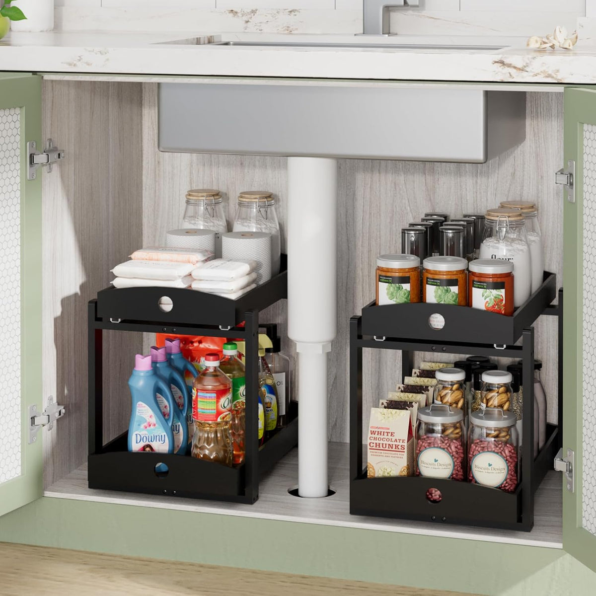 2 Pack Bamboo Under Sink Organizer, 2-Tier Sliding Drawers for Cabinets | Pull-out drawers keep cleaners and tall bottles visible, organized and easy to reach in kitchen or bathroom cabinets