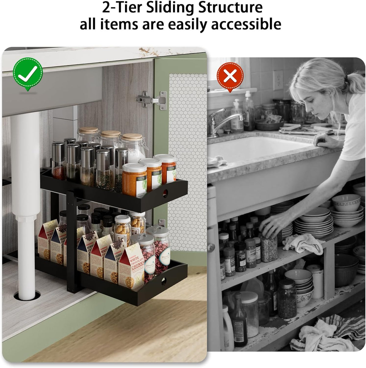 2 Pack Bamboo Under Sink Organizer, 2-Tier Sliding Drawers for Cabinets | Pull-out drawers keep cleaners and tall bottles visible, organized and easy to reach in kitchen or bathroom cabinets