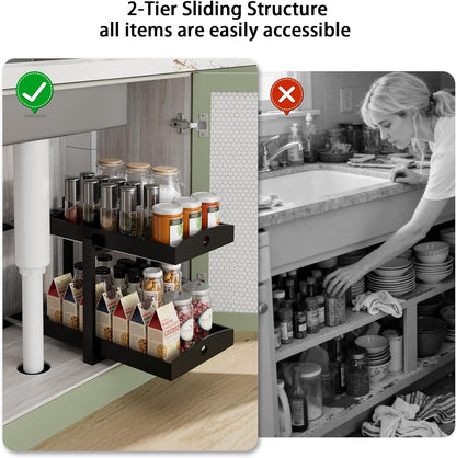 2 Pack Bamboo Under Sink Organizer, 2-Tier Sliding Drawers for Cabinets | Pull-out drawers keep cleaners and tall bottles visible, organized and easy to reach in kitchen or bathroom cabinets