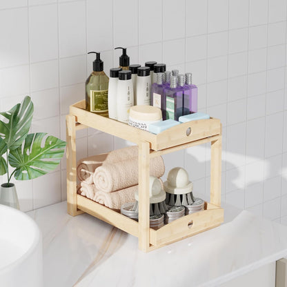 2 Pack Bamboo Under Sink Organizer, 2-Tier Sliding Drawers for Cabinets | Pull-out drawers keep cleaners and tall bottles visible, organized and easy to reach in kitchen or bathroom cabinets