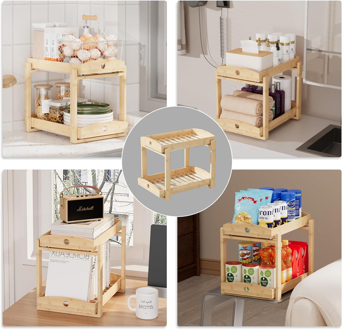 2 Pack Bamboo Under Sink Organizer, 2-Tier Sliding Drawers for Cabinets | Pull-out drawers keep cleaners and tall bottles visible, organized and easy to reach in kitchen or bathroom cabinets