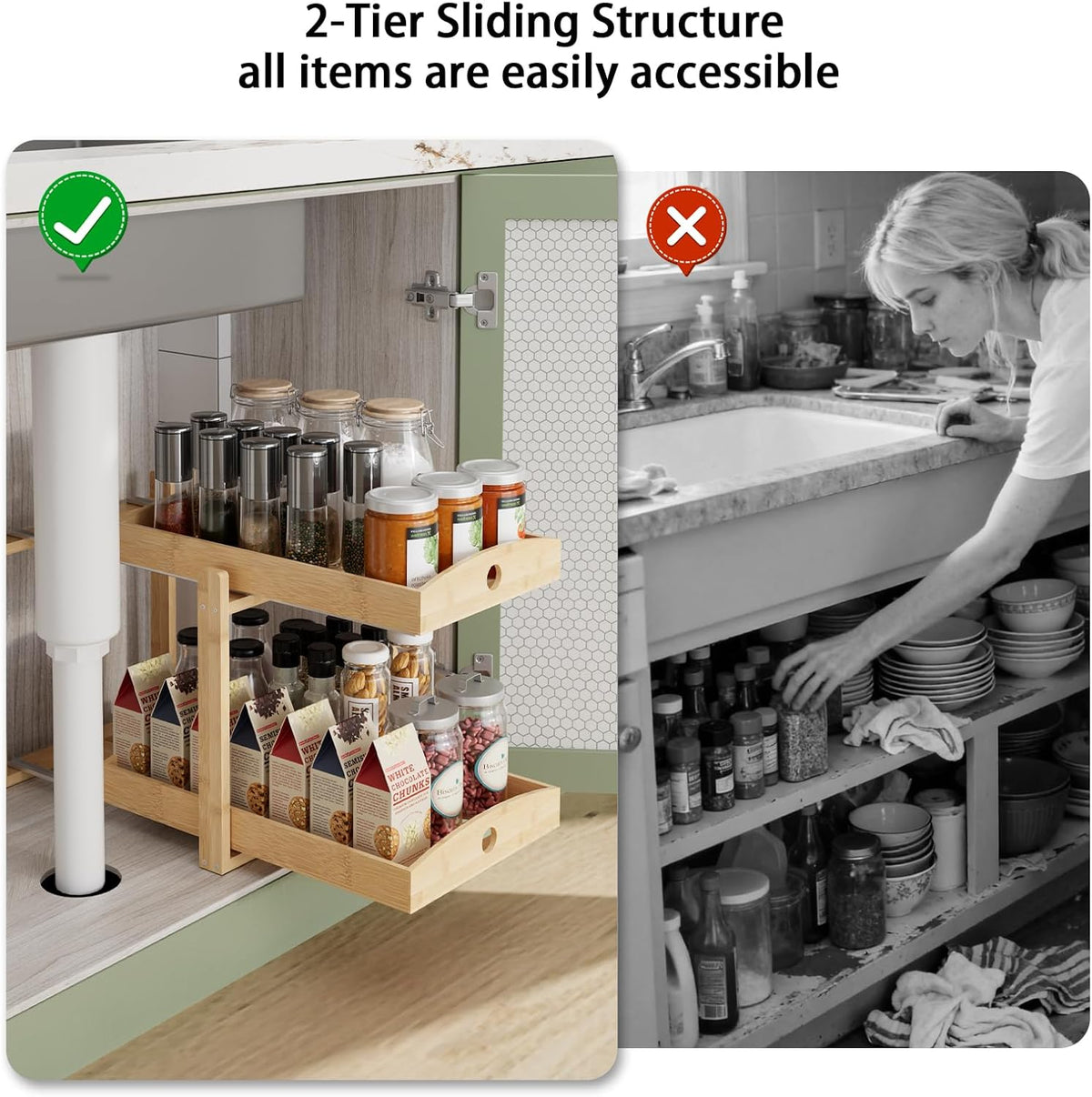 2 Pack Bamboo Under Sink Organizer, 2-Tier Sliding Drawers for Cabinets | Pull-out drawers keep cleaners and tall bottles visible, organized and easy to reach in kitchen or bathroom cabinets