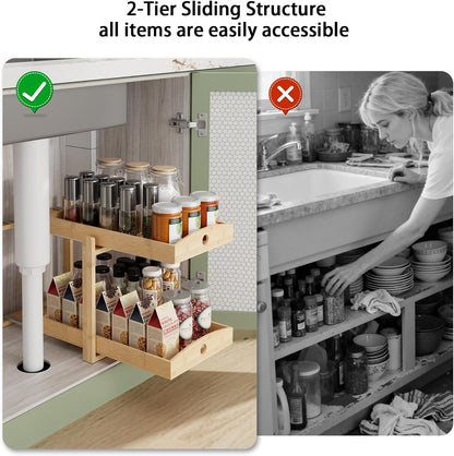 2 Pack Bamboo Under Sink Organizer, 2-Tier Sliding Drawers for Cabinets | Pull-out drawers keep cleaners and tall bottles visible, organized and easy to reach in kitchen or bathroom cabinets