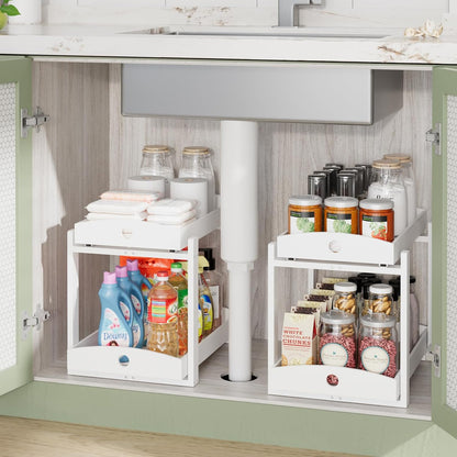 2 Pack Bamboo Under Sink Organizer, 2-Tier Sliding Drawers for Cabinets | Pull-out drawers keep cleaners and tall bottles visible, organized and easy to reach in kitchen or bathroom cabinets