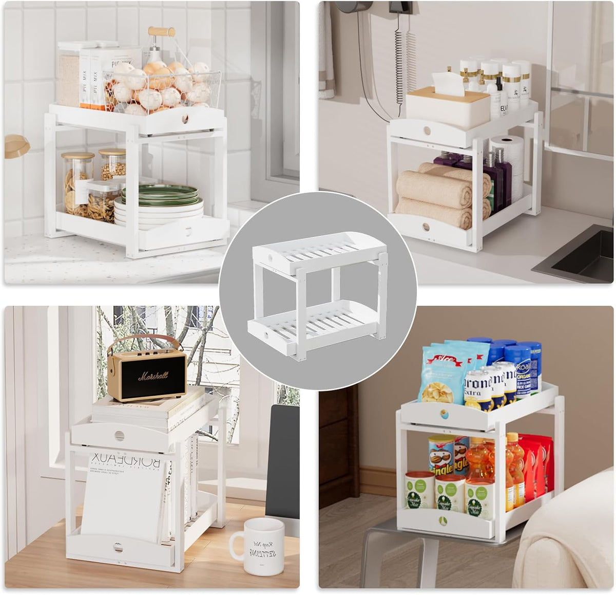 2 Pack Bamboo Under Sink Organizer, 2-Tier Sliding Drawers for Cabinets | Pull-out drawers keep cleaners and tall bottles visible, organized and easy to reach in kitchen or bathroom cabinets