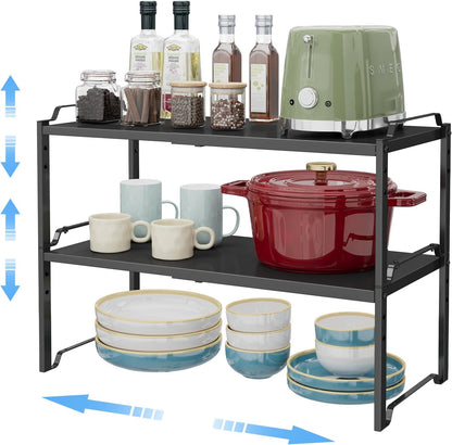 2 Pack 11” Depth Expandable Kitchen Cabinet Organizer Shelves, Heavy Duty Kitchen Countertop Organizers and Storage Rack, Stackable Metal Small Storage Shelf For Pantry Counter Cupboard Organization