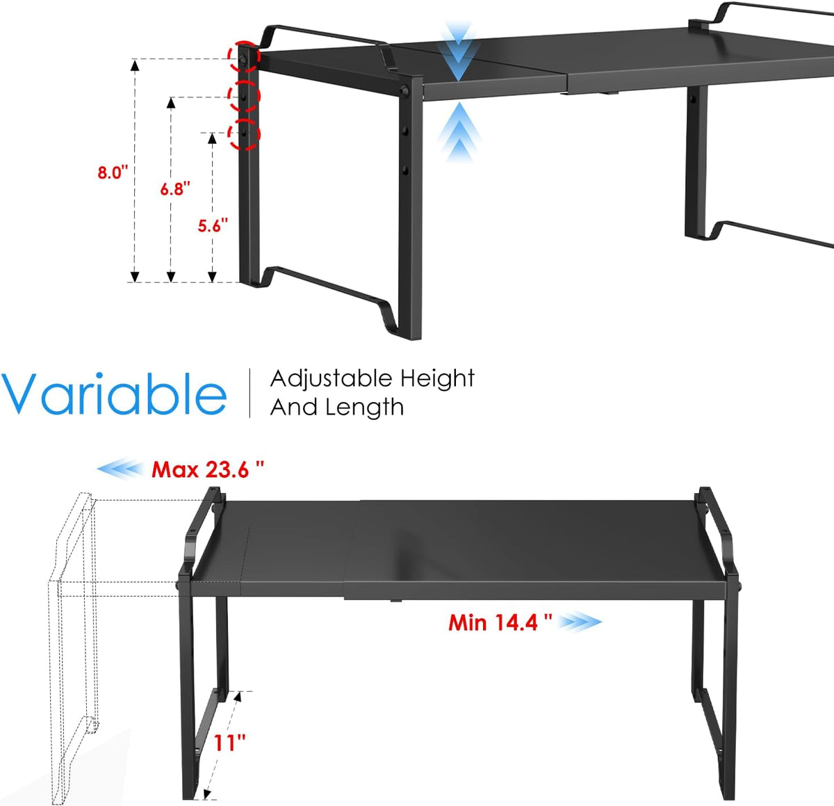 2 Pack 11” Depth Expandable Kitchen Cabinet Organizer Shelves, Heavy Duty Kitchen Countertop Organizers and Storage Rack, Stackable Metal Small Storage Shelf For Pantry Counter Cupboard Organization