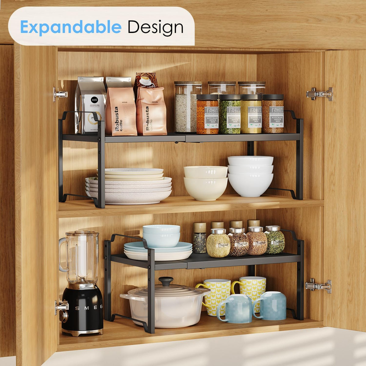 2 Pack 11” Depth Expandable Kitchen Cabinet Organizer Shelves, Heavy Duty Kitchen Countertop Organizers and Storage Rack, Stackable Metal Small Storage Shelf For Pantry Counter Cupboard Organization