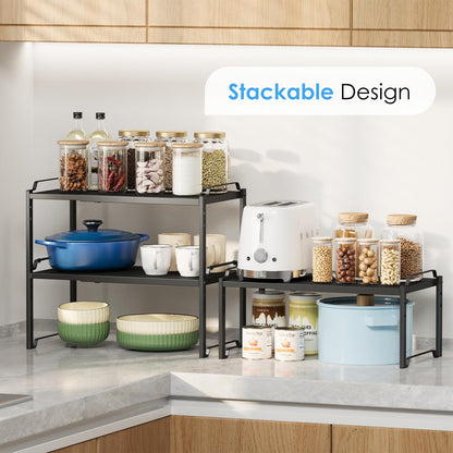 2 Pack 11” Depth Expandable Kitchen Cabinet Organizer Shelves, Heavy Duty Kitchen Countertop Organizers and Storage Rack, Stackable Metal Small Storage Shelf For Pantry Counter Cupboard Organization