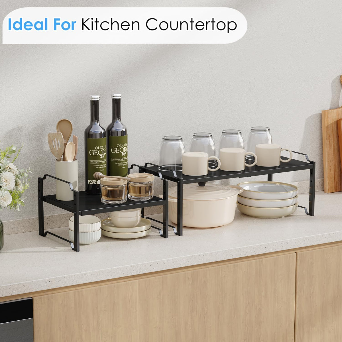 2 Pack 11” Depth Expandable Kitchen Cabinet Organizer Shelves, Heavy Duty Kitchen Countertop Organizers and Storage Rack, Stackable Metal Small Storage Shelf For Pantry Counter Cupboard Organization