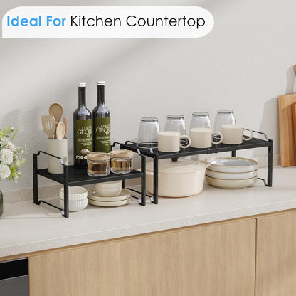 2 Pack 11” Depth Expandable Kitchen Cabinet Organizer Shelves, Heavy Duty Kitchen Countertop Organizers and Storage Rack, Stackable Metal Small Storage Shelf For Pantry Counter Cupboard Organization