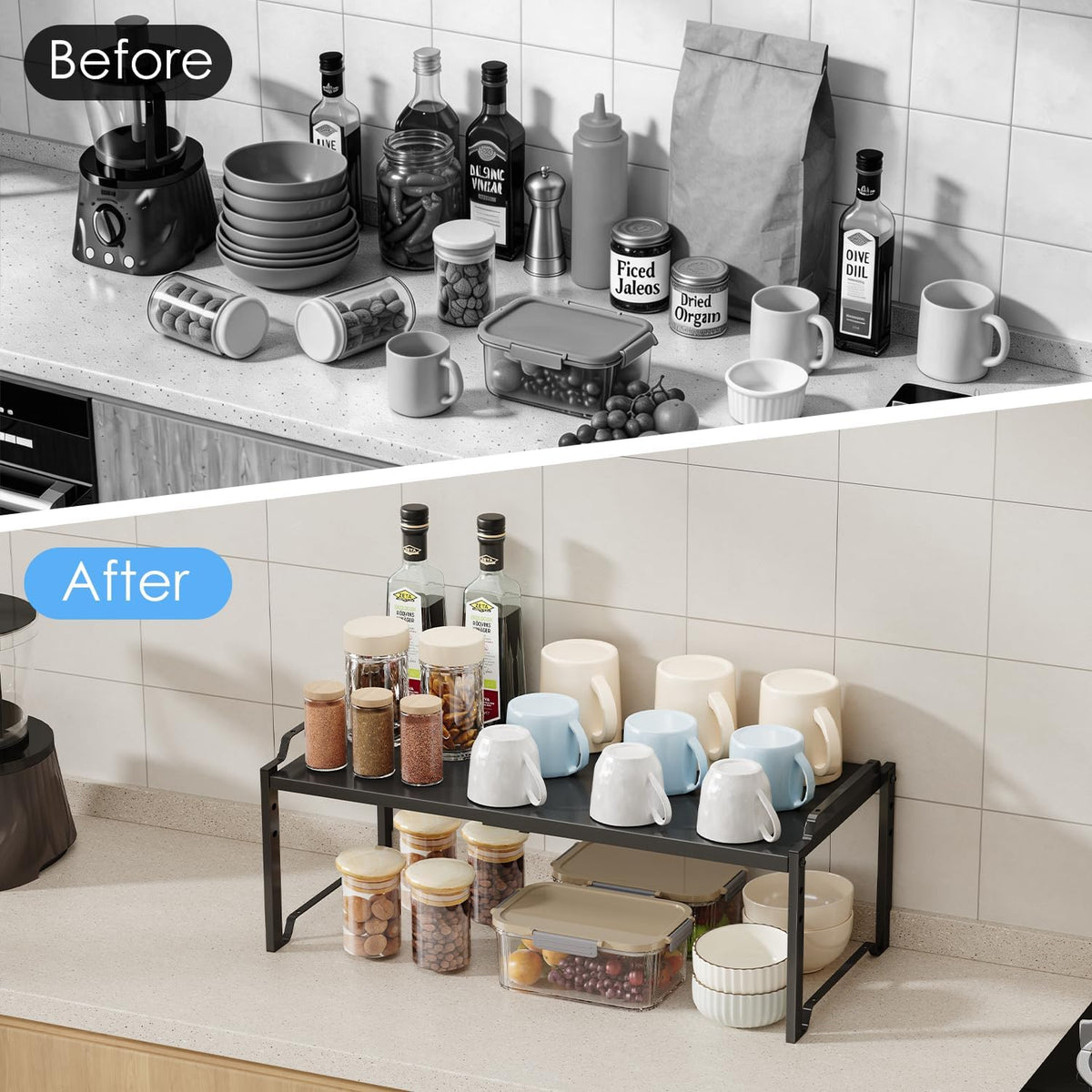 2 Pack 11” Depth Expandable Kitchen Cabinet Organizer Shelves, Heavy Duty Kitchen Countertop Organizers and Storage Rack, Stackable Metal Small Storage Shelf For Pantry Counter Cupboard Organization