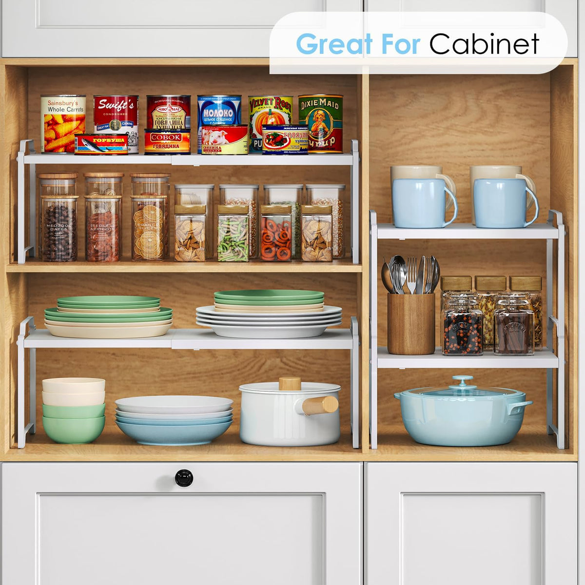 2 Pack 11” Depth Expandable Kitchen Cabinet Organizer Shelves, Heavy Duty Kitchen Countertop Organizers and Storage Rack, Stackable Metal Small Storage Shelf For Pantry Counter Cupboard Organization