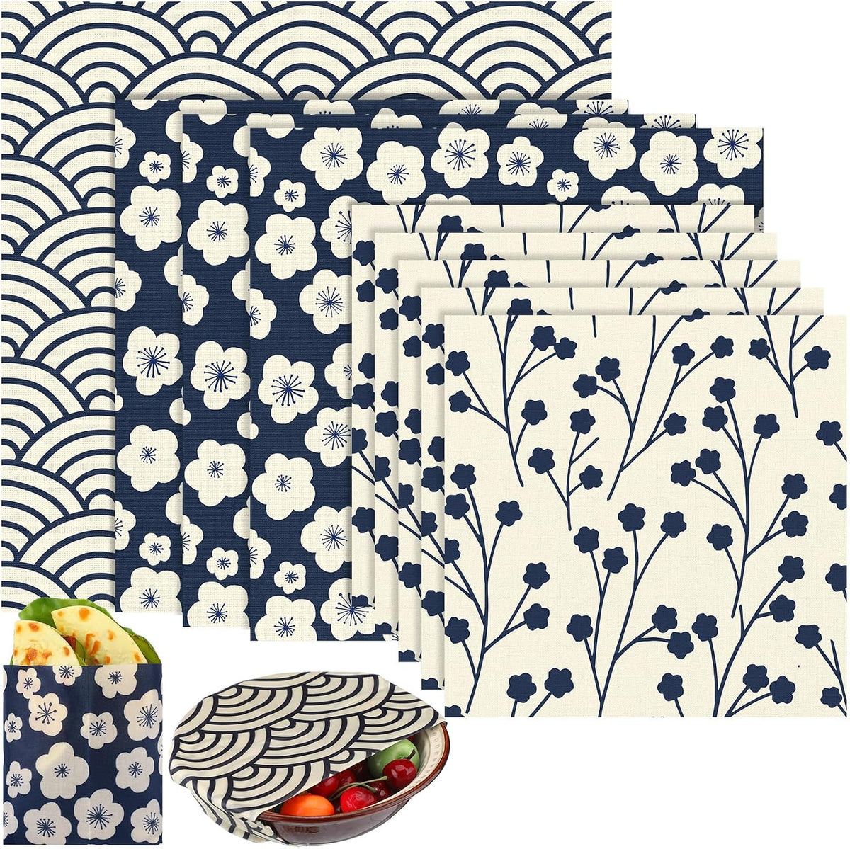 9 Pack Reusable Beeswax Wrap for Food, Beige, Japanese