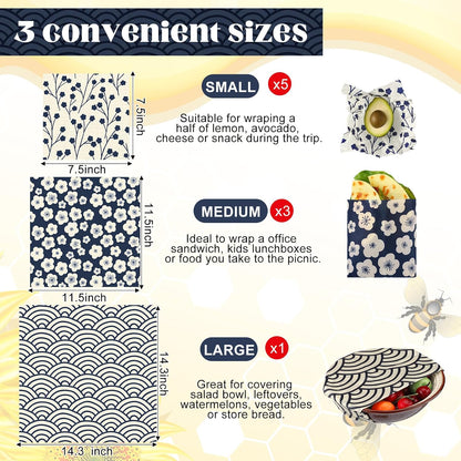 9 Pack Reusable Beeswax Wrap for Food, Beige, Japanese