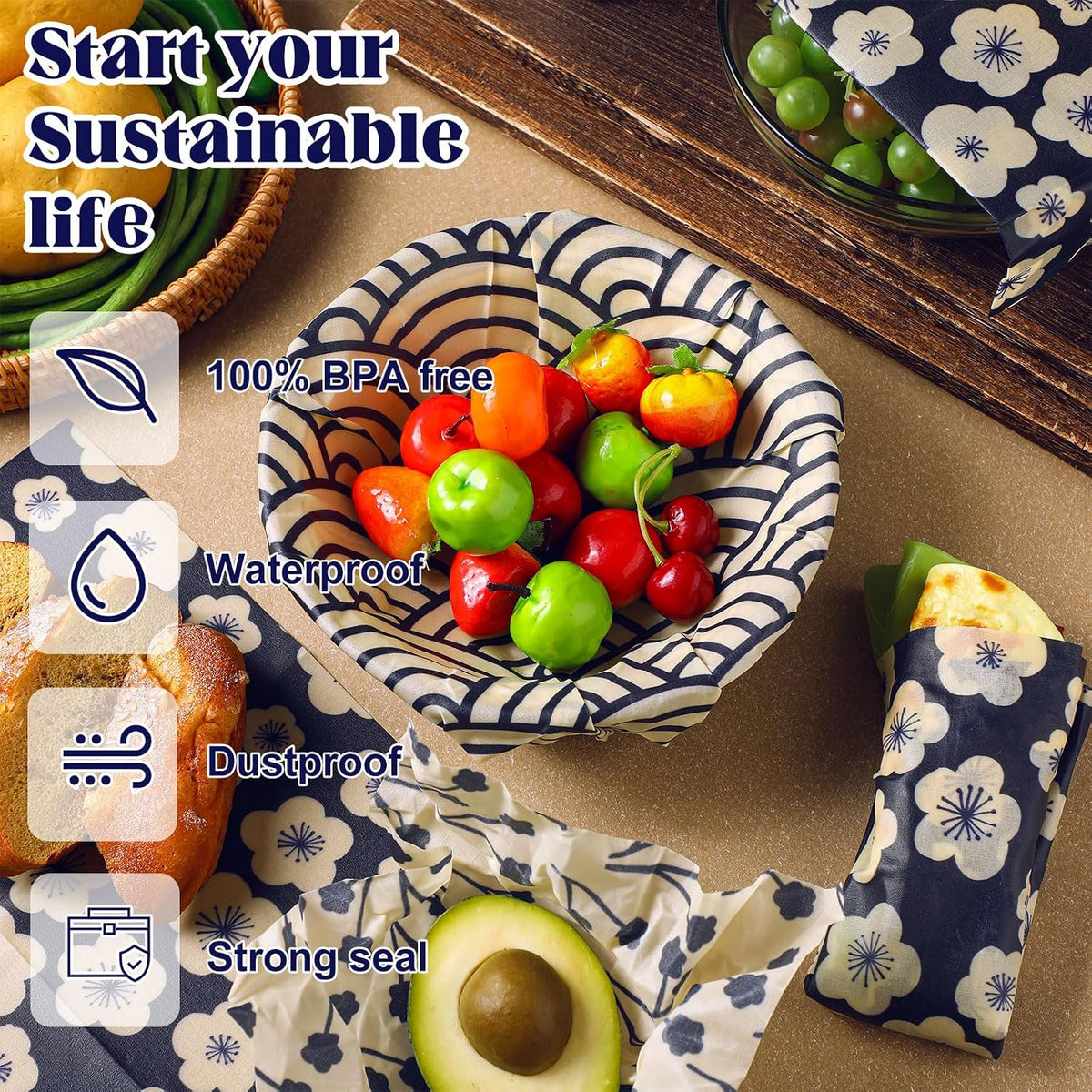 9 Pack Reusable Beeswax Wrap for Food, Beige, Japanese