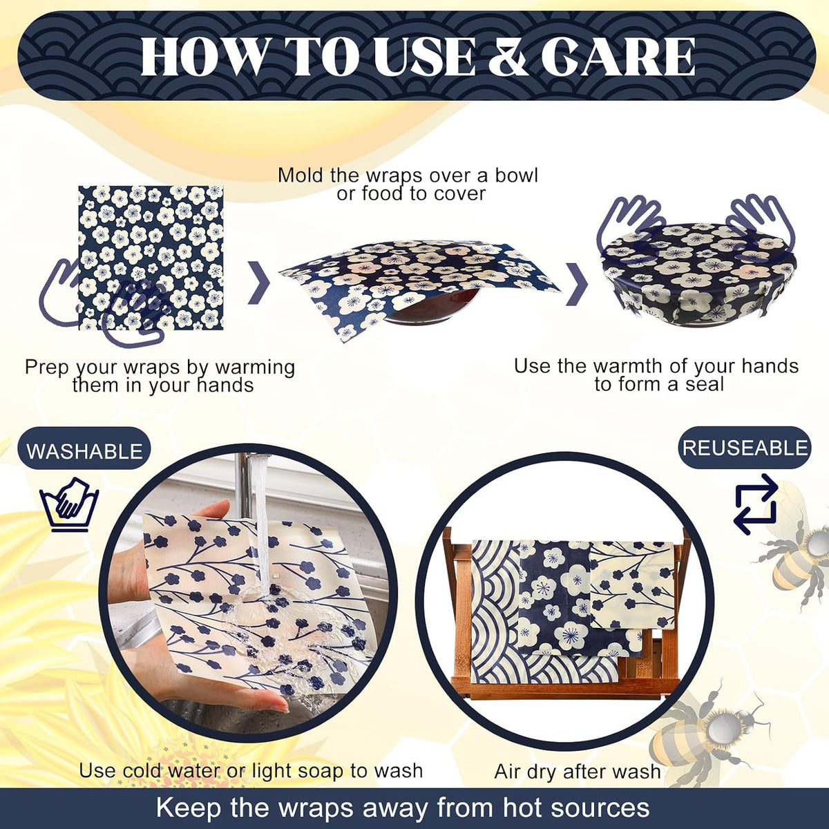 9 Pack Reusable Beeswax Wrap for Food, Beige, Japanese