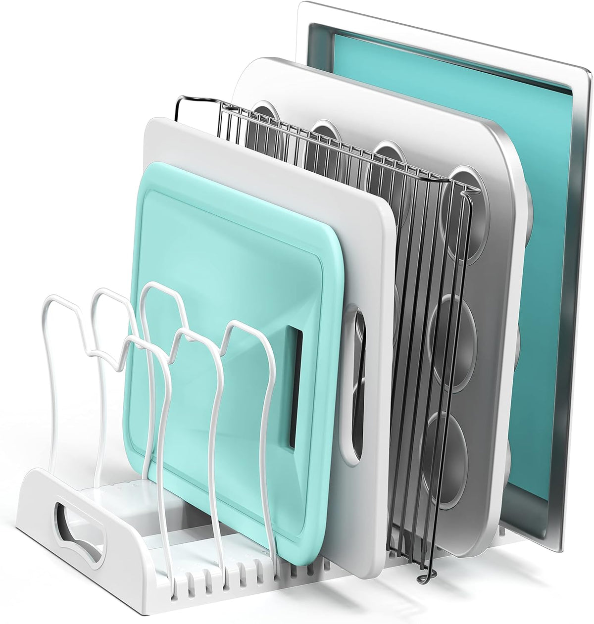 Expandable Pan Rack 10 Adjustable Compartments, White | Kitchen Cabinet Organizer for Pots, Pans, Lids & Bakeware - Pantry & Countertop Storage