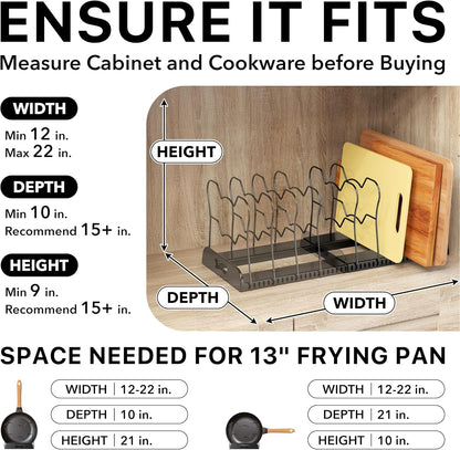 Expandable Pan Rack 10 Adjustable Compartments, White | Kitchen Cabinet Organizer for Pots, Pans, Lids & Bakeware - Pantry & Countertop Storage