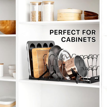 Expandable Pan Rack 10 Adjustable Compartments, White | Kitchen Cabinet Organizer for Pots, Pans, Lids & Bakeware - Pantry & Countertop Storage