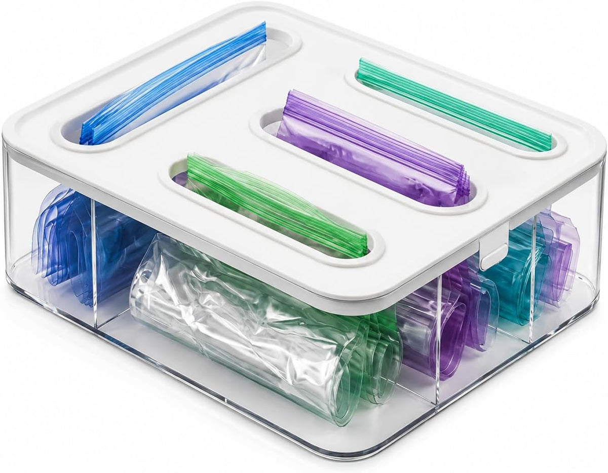 Food Storage Bag Organizer for Kitchen Drawer, 4 in 1 Plastic Slot Baggie Organizer with Labels, Fits Gallon, Quart, Sandwich, Snack & Slider Bags, Wall Mount or Drawer Storage Solution White