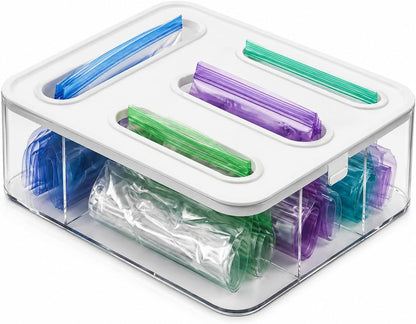 Food Storage Bag Organizer for Kitchen Drawer, 4 in 1 Plastic Slot Baggie Organizer with Labels, Fits Gallon, Quart, Sandwich, Snack & Slider Bags, Wall Mount or Drawer Storage Solution White