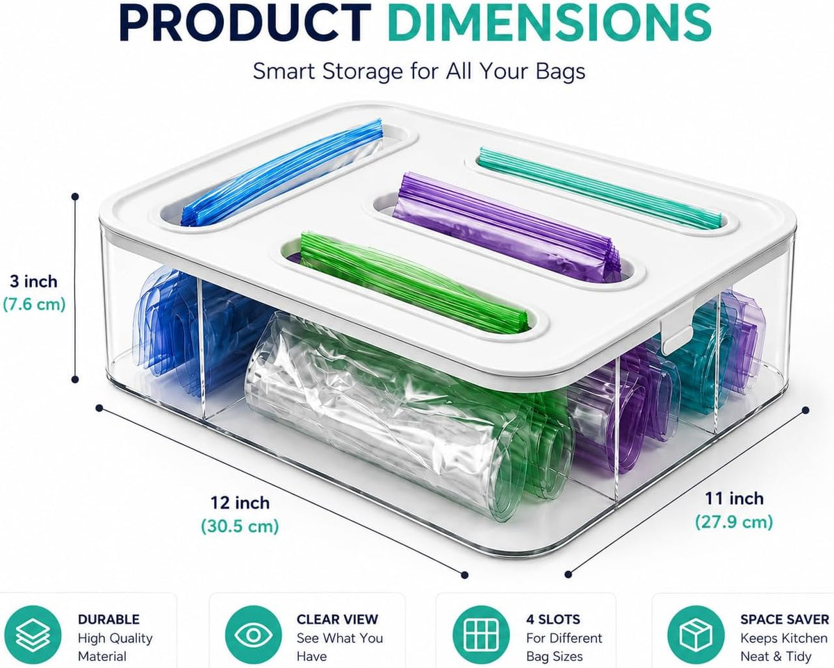 Food Storage Bag Organizer for Kitchen Drawer, 4 in 1 Plastic Slot Baggie Organizer with Labels, Fits Gallon, Quart, Sandwich, Snack & Slider Bags, Wall Mount or Drawer Storage Solution White