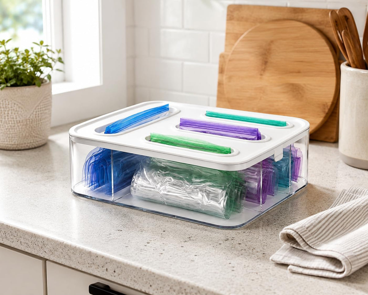 Food Storage Bag Organizer for Kitchen Drawer, 4 in 1 Plastic Slot Baggie Organizer with Labels, Fits Gallon, Quart, Sandwich, Snack & Slider Bags, Wall Mount or Drawer Storage Solution White