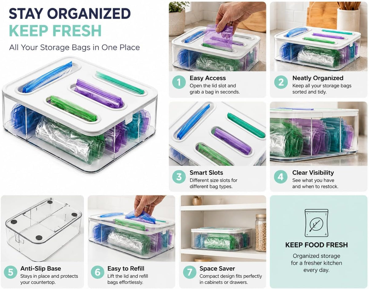 Food Storage Bag Organizer for Kitchen Drawer, 4 in 1 Plastic Slot Baggie Organizer with Labels, Fits Gallon, Quart, Sandwich, Snack & Slider Bags, Wall Mount or Drawer Storage Solution White