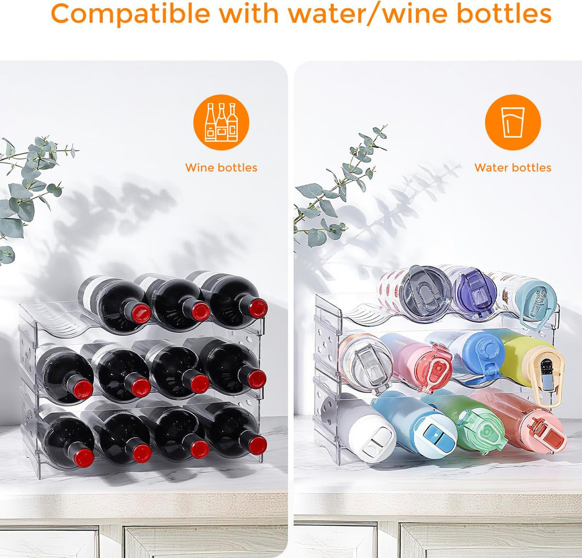 BoxedHome Plastic Water Bottle Organizer and Wine Rack Storage Holder for Inside Cabinet, Kitchen Countertop, Table Top, Pantry, Bars, Cabinets, Fridge - Clear (2 Tier 8 Containers)