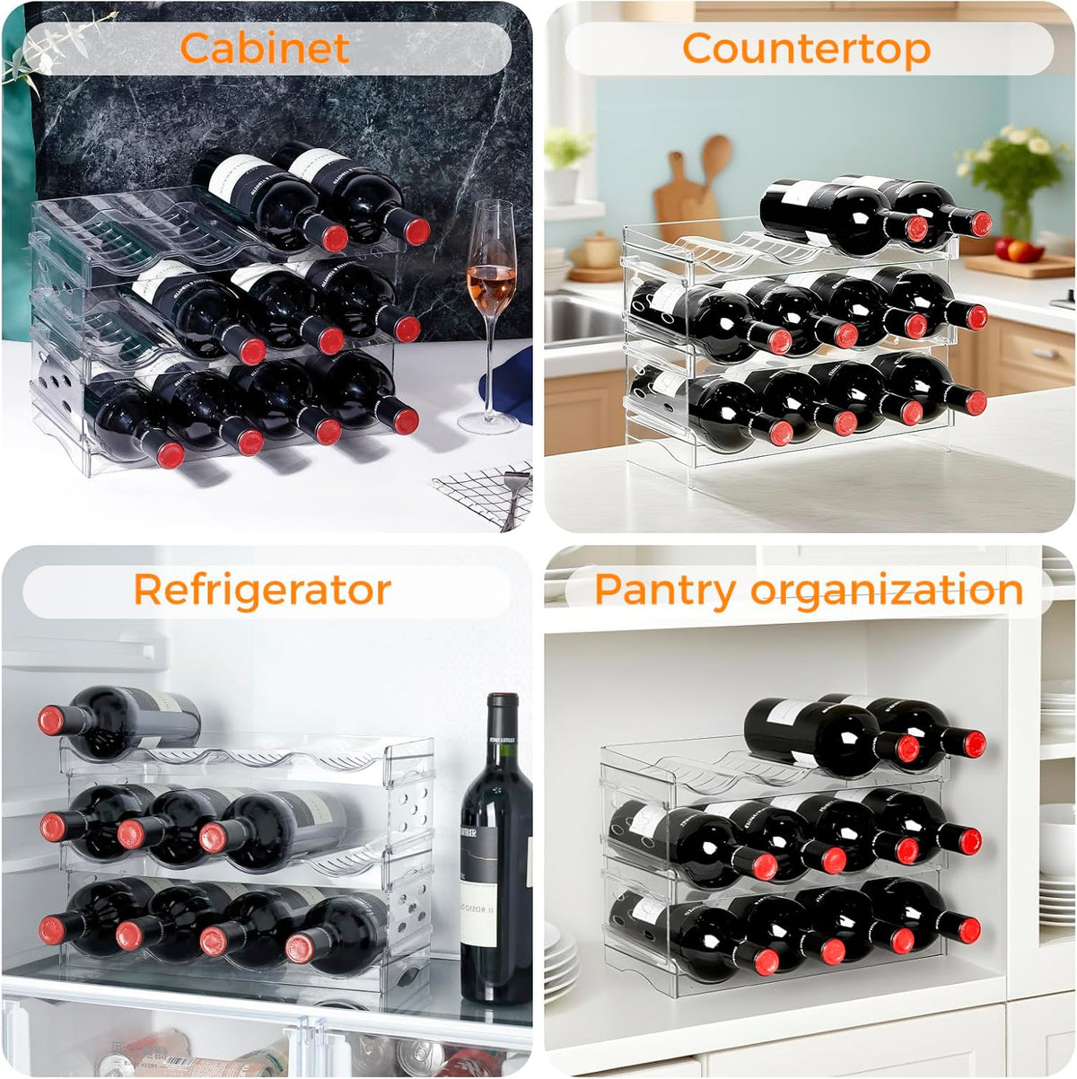 BoxedHome Plastic Water Bottle Organizer and Wine Rack Storage Holder for Inside Cabinet, Kitchen Countertop, Table Top, Pantry, Bars, Cabinets, Fridge - Clear (2 Tier 8 Containers)