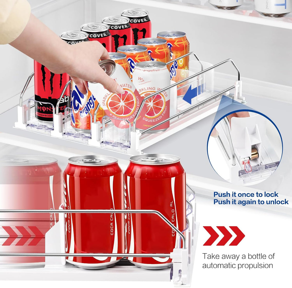 Drink Organizer for Mini Fridge, Automatic Pusher Drink Dispenser for Refrigerator, Soda Can Organizer for Beer Beverage Holds up to 12 Cans 3 Row (Depth 12.2" x Wide 9.9") White