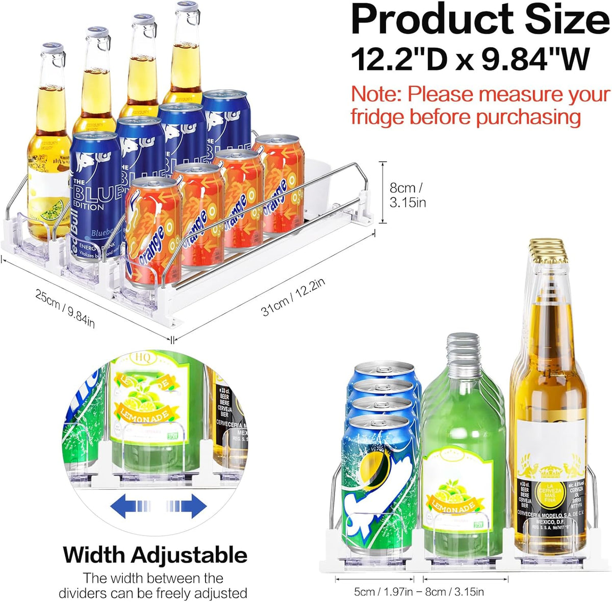 Drink Organizer for Mini Fridge, Automatic Pusher Drink Dispenser for Refrigerator, Soda Can Organizer for Beer Beverage Holds up to 12 Cans 3 Row (Depth 12.2" x Wide 9.9") White